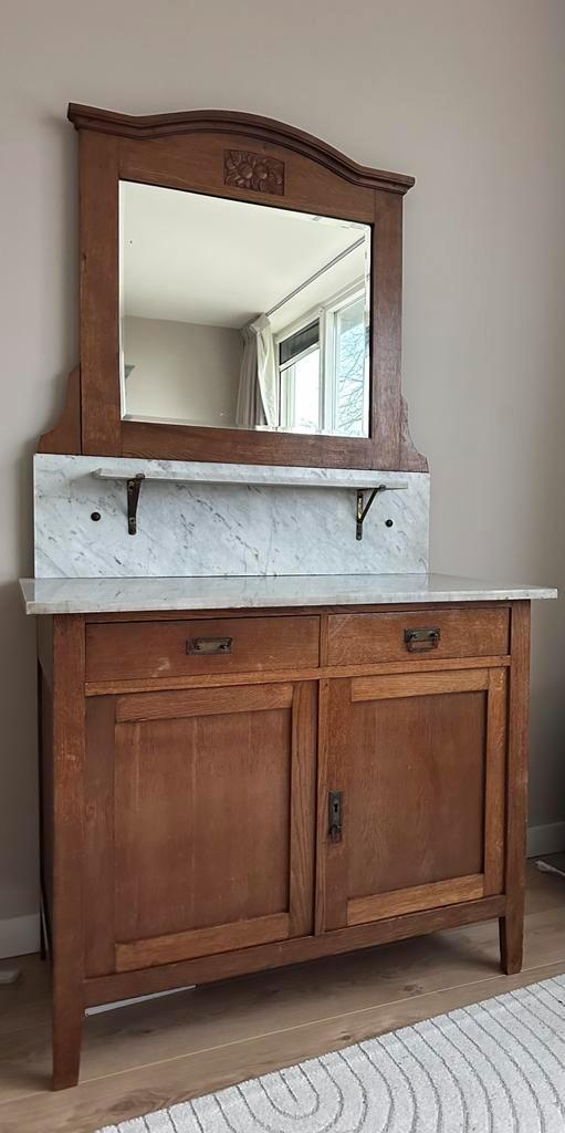 Vintage houten commode met marmeren blad, Kinderen en Baby's, Kinderkamer | Commodes en Kasten, Gebruikt, Commode, 90 tot 105 cm