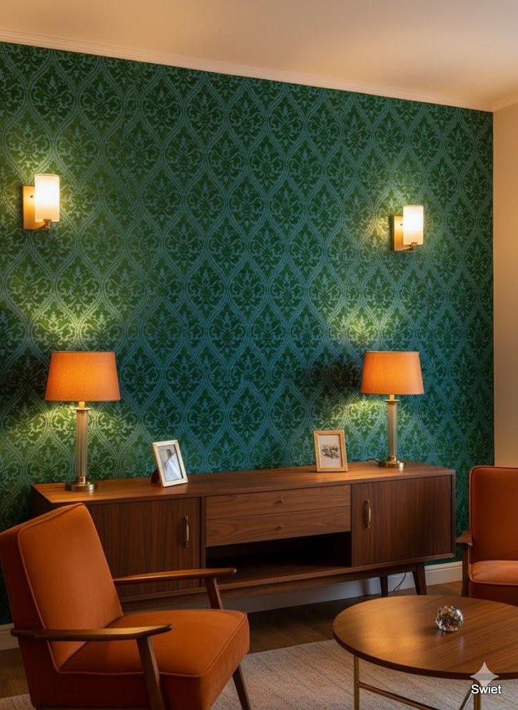 13827 groen flock velvet velours vintage behang swiet, Huis en Inrichting, Stoffering | Behang, Blauw, minder dan 10 m², Ophalen of Verzenden