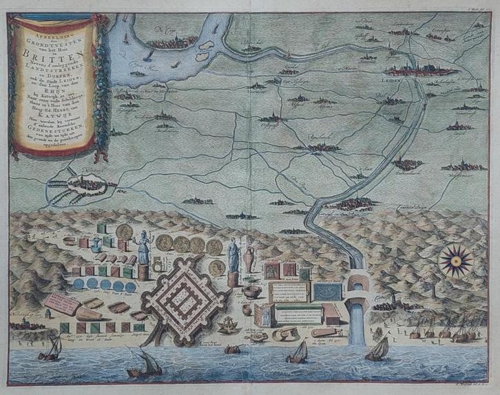 Brittenburg Katwijk Leiden Wassenaar Halma Oude Kaart 1725, Antiek en Kunst, Kunst | Etsen en Gravures, Ophalen of Verzenden