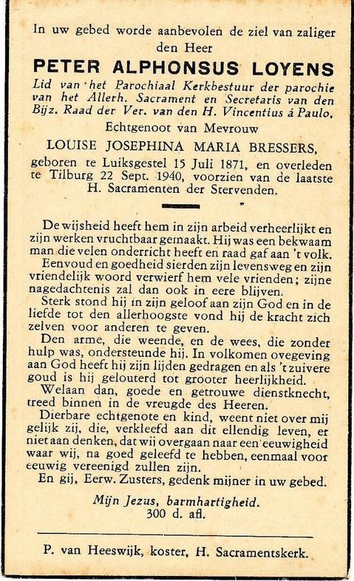 Peter Loyens Luiksgestel 1871 - Tilburg 1940, Verzamelen, Bidprentjes en Rouwkaarten, Bidprentje, Ophalen of Verzenden