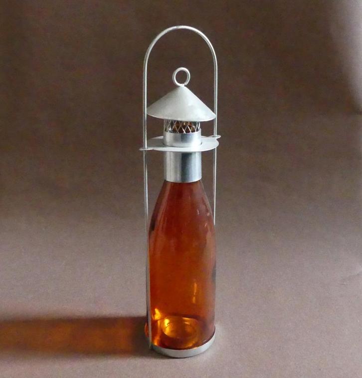 Fles kandelaar partylight waxinelichthouder glas oranje, Huis en Inrichting, Woonaccessoires | Kandelaars en Kaarsen, Gebruikt