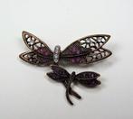 Mooie koperen broche met twee libellen paars + helder strass, Ophalen, Zo goed als nieuw, Paars, Overige materialen