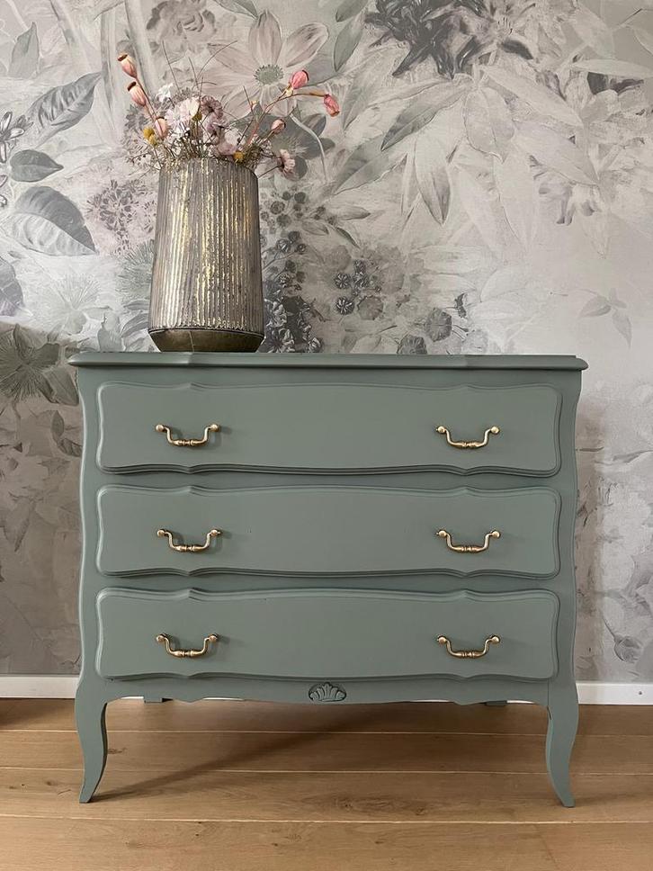 Prachtige landelijke Queen Ann Ladekast Groen Goud, Huis en Inrichting, Kasten | Ladekasten, Gebruikt, 50 tot 100 cm, 25 tot 50 cm