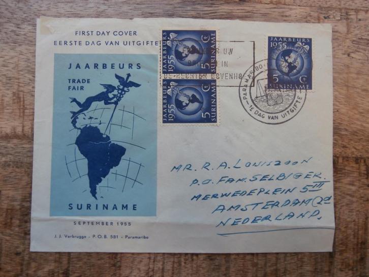 SURINAME 1955; FDC E7VB JAARBEURS PARAMARIBO LEES, Postzegels en Munten, Postzegels | Eerstedagenveloppen, Beschreven, Rest van de wereld