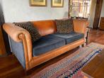 ZGAN: Cognac leren/ donkerblauwe velours bank 220x100cm, Antiek en Kunst, Antiek | Meubels | Stoelen en Banken, Ophalen