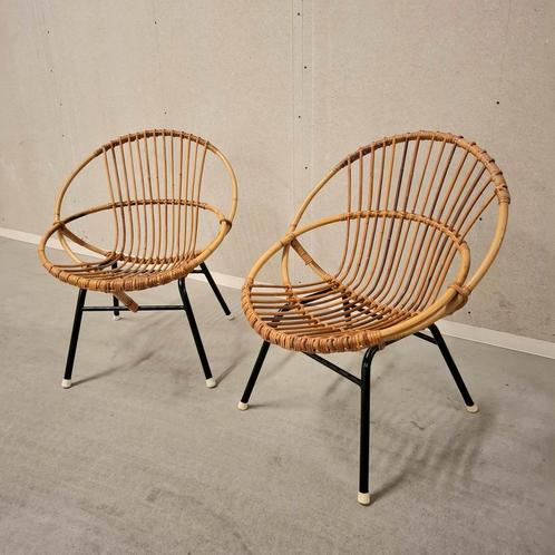 Set jaren 60 vintage rotan stoeltjes, Huis en Inrichting, Stoelen, Zo goed als nieuw, Twee, Bruin, Ophalen