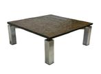 Vintage vierkante salontafel leisteen verchroomd design 60's, Ophalen, Gebruikt, 50 tot 100 cm, Vierkant