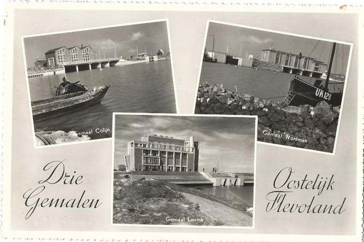 Flevoland, Oostelijk Flevoland, Drie Gemalen. Opruimingsk., Verzamelen, Ansichtkaarten | Nederland, Ongelopen, Flevoland, 1940 tot 1960