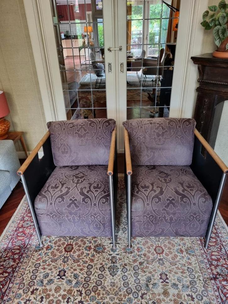 2 Fauteuils van Castelijn, Huis en Inrichting, Stoelen, Gebruikt, Twee, Hout, Leer, Stof, Zwart, Ophalen of Verzenden
