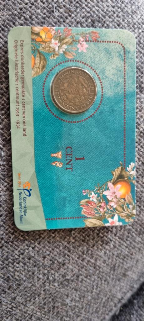 1 Cent 1927 Wilhelmina in coincard, Postzegels en Munten, Munten | Nederland, Losse munt, 1 cent, Koningin Wilhelmina, Ophalen of Verzenden