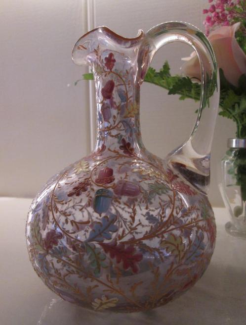 Antiek Geëmailleerd Glazen Karafje met Eikenblaadjes, Antiek en Kunst, Antiek | Glas en Kristal, Ophalen of Verzenden