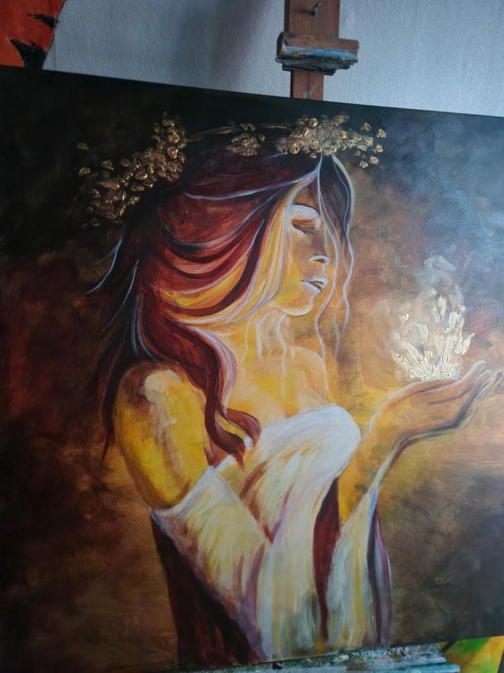 Vrouw met Gouden Kroon 90 x 90., Antiek en Kunst, Kunst | Schilderijen | Klassiek, Ophalen of Verzenden