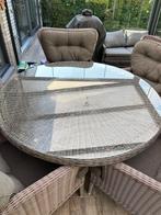 Glasplaat tafel rond gehard, Huis en Inrichting, Ophalen, 100 tot 150 cm, Rond, Zo goed als nieuw