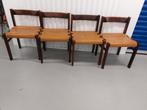 4 cognac leren eetkamerstoelen wengehout, Ophalen, Gebruikt, Bruin, Desing retro vintage