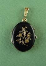 Onyx rouw medaillon met 14kt goud , 3 zaadparels, 19x25 mm, Sieraden, Tassen en Uiterlijk, Antieke sieraden, Verzenden, Goud, Hanger