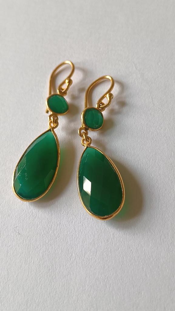 Fraaie zilver vergulde oorbellen met Groene Onyx, Sieraden, Tassen en Uiterlijk, Oorbellen, Nieuw, Hangers, Zilver, Goud, Met edelsteen