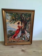 Vintage geborduurd schilderij: Victoriaanse vrouw met hond, Ophalen