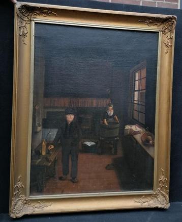 Antiek schilderij met figuren in een keuken, 19e eeuw beschikbaar voor biedingen