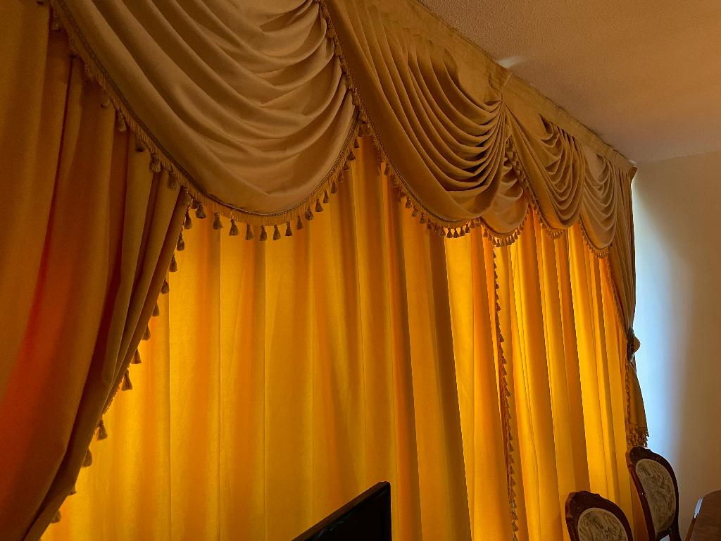 2x gordijnenset goudkleurig, Ophalen, Gebruikt, 200 cm of meer, 200 cm of meer