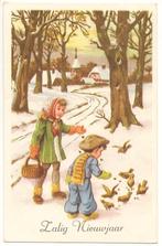 Gelukkig nieuwjaar - kinderen voeren vogels - 13768, Verzamelen, Ansichtkaarten | Themakaarten, 1940 tot 1960, Gelopen, Kinderen