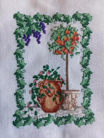 Borduurwerk, zijde, bloem, tuin, boom, vintage beschikbaar voor biedingen
