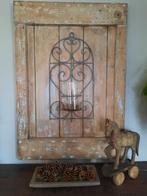 Oud houten paneel luik met metalen ornament +windlicht stoer, Huis en Inrichting, Woonaccessoires | Wanddecoraties, Ophalen, Gebruikt
