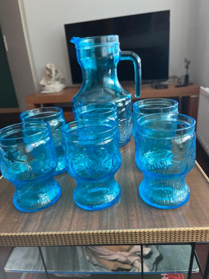 Glazen Water Set - Blauw Glas, Huis en Inrichting, Keuken | Servies, Zo goed als nieuw, Glas of Glazen, Effen, Glas, Ophalen of Verzenden