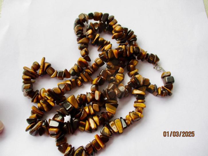 Tijgeroog steen split kralen ketting 96 cm. slot 925 zilver, Sieraden, Tassen en Uiterlijk, Kettingen, Zo goed als nieuw, Steen of Mineraal