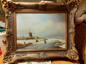 Antiek Olieverf Schilderij - Winterlandschap met Molen beschikbaar voor biedingen