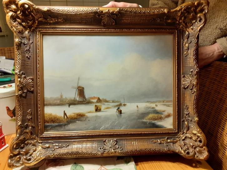 Antiek Olieverf Schilderij - Winterlandschap met Molen, Antiek en Kunst, Kunst | Schilderijen | Klassiek, Ophalen of Verzenden