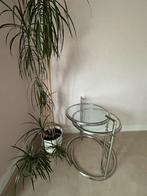 Chromen bijzettafels met glas, Huis en Inrichting, Tafels | Bijzettafels, Ophalen, Minder dan 45 cm, Minder dan 55 cm, Gebruikt