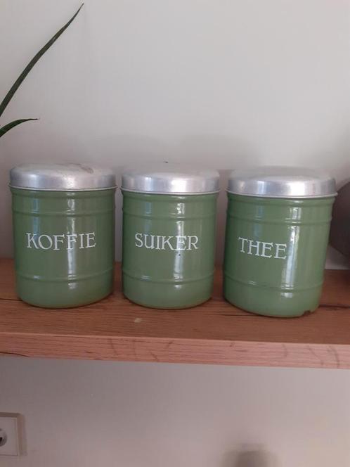 Mooie set groene emaille voorraadbussen., Antiek en Kunst, Antiek | Emaille, Ophalen of Verzenden