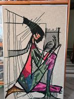 De Harpspeelster,, borduur schilderij vintage wandkleed., Ophalen of Verzenden
