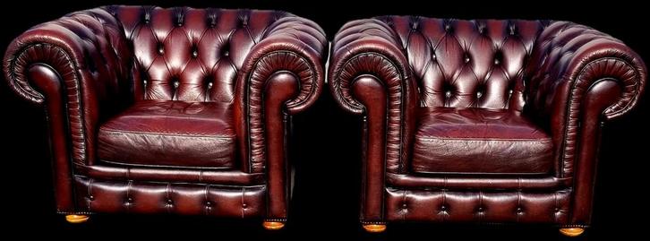 2x Chesterfield Club Fauteuils Bruin Rood - Gratis Bezorging, Huis en Inrichting, Fauteuils, Gebruikt, Leer, 100 tot 125 cm, 75 tot 100 cm