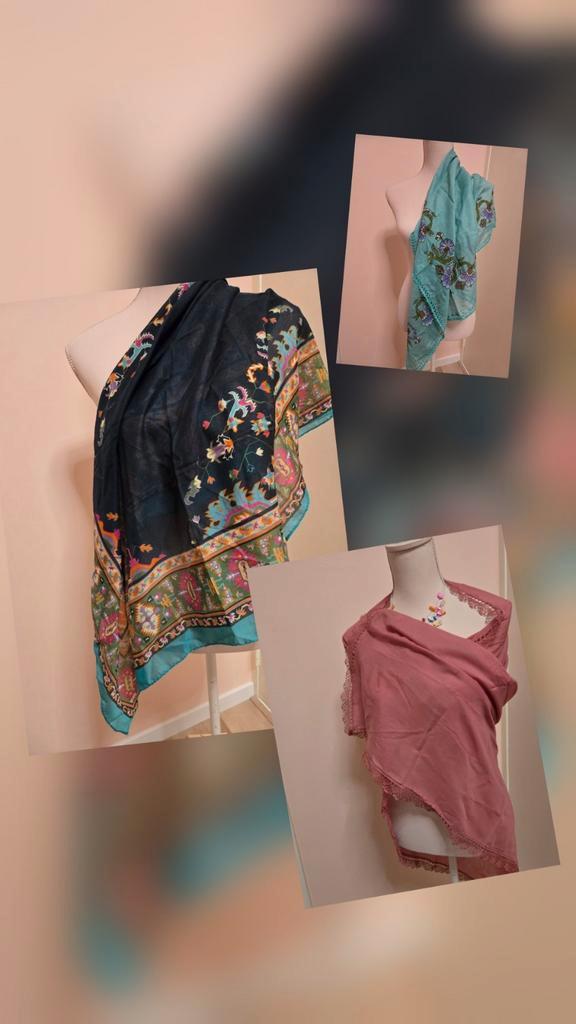 Drie Sjaals / Foulards – sierlijk, zacht en met karakter, Kleding | Dames, Mutsen, Sjaals en Handschoenen, Nieuw, Sjaal, Maat 46/48 (XL) of groter
