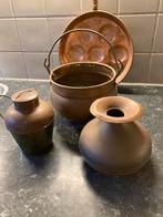 3 koperen potjes /vaasjes jaren ‘50 , pan jaren ‘70, Antiek en Kunst, Ophalen, Koper