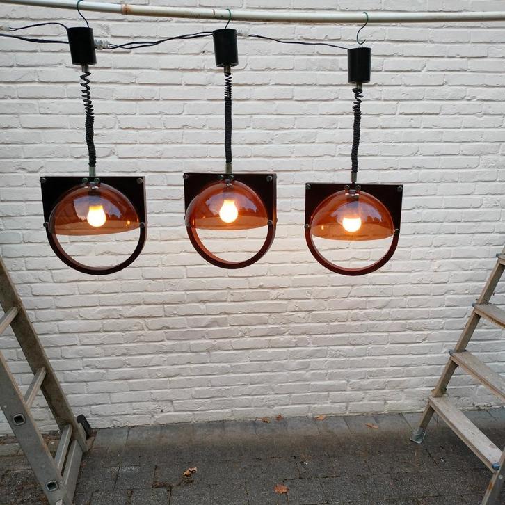 Uittrekbare plafondlampen. 3 stuks. Retro. Plexiglas & hout., Huis en Inrichting, Lampen | Hanglampen, Gebruikt, 75 cm of meer