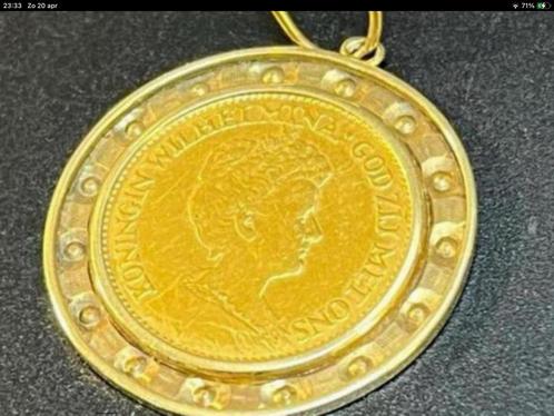 Gouden munt hanger Wilhelmina 10 gulden 1912 , 10 gram !, Sieraden, Tassen en Uiterlijk, Kettinghangers, Zo goed als nieuw, Goud