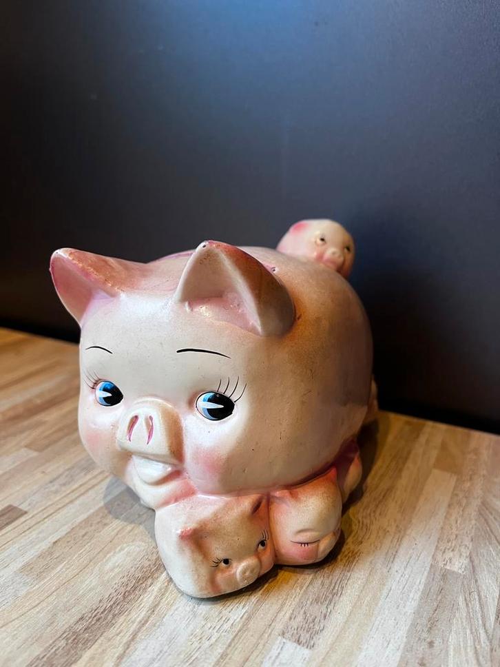 Vintage Spaarvarken Japan 1950/1960- Mama met Kleintjes, Verzamelen, Spaarpotten, Gebruikt, Dier, Steen, Aardewerk of Keramiek