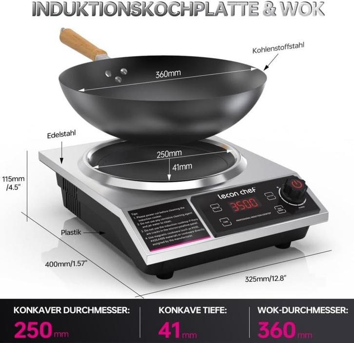 Lecon Chef Inductiekookplaat met wok, Witgoed en Apparatuur, Kookplaten, Nieuw, Vrijstaand, Inductie, 3 kookzones of minder, Ophalen of Verzenden