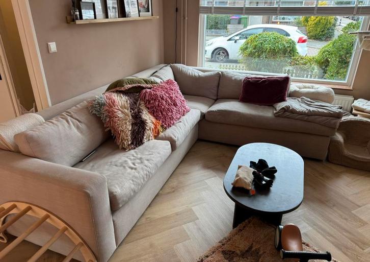 Beige hoekbank met wasbare hoezen 300x240, Huis en Inrichting, Banken | Bankstellen, Gebruikt, Hoekbank, Stof, Ophalen of Verzenden