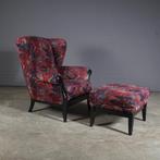 Vintage oorfauteuil met hocker – bloemenmotief – jaren 70, Huis en Inrichting, Fauteuils, Hout, Vintage, 75 tot 100 cm, Ophalen of Verzenden