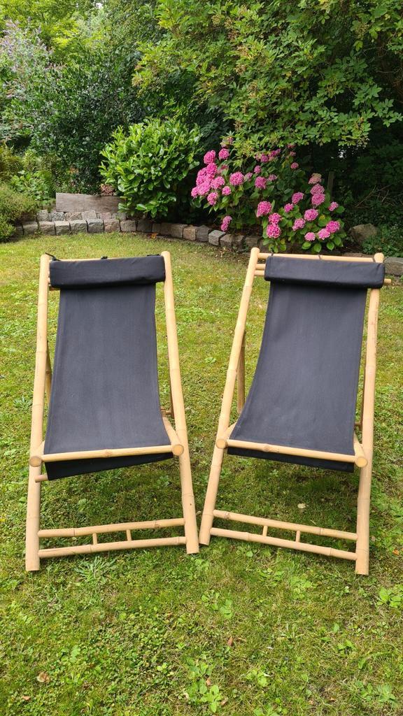 Set van 2 bamboe strandstoelen, Tuin en Terras, Ligbedden, Zo goed als nieuw, Hout, Inklapbaar, Ophalen