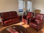 Luxe leren zitset (1 bank + 2 fauteuils) – Bordeauxrood, Ophalen, Zo goed als nieuw, Leer