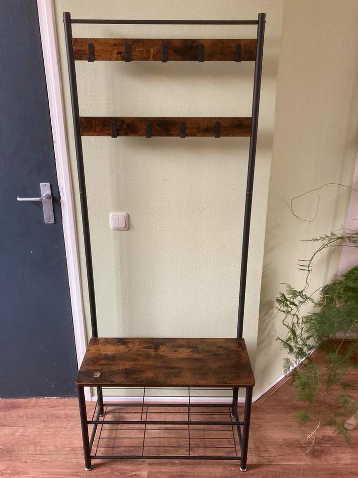 Kapstok met bankje zwart bruin hout, Huis en Inrichting, Woonaccessoires | Kapstokken, Gebruikt, Staande kapstok, 150 tot 200 cm