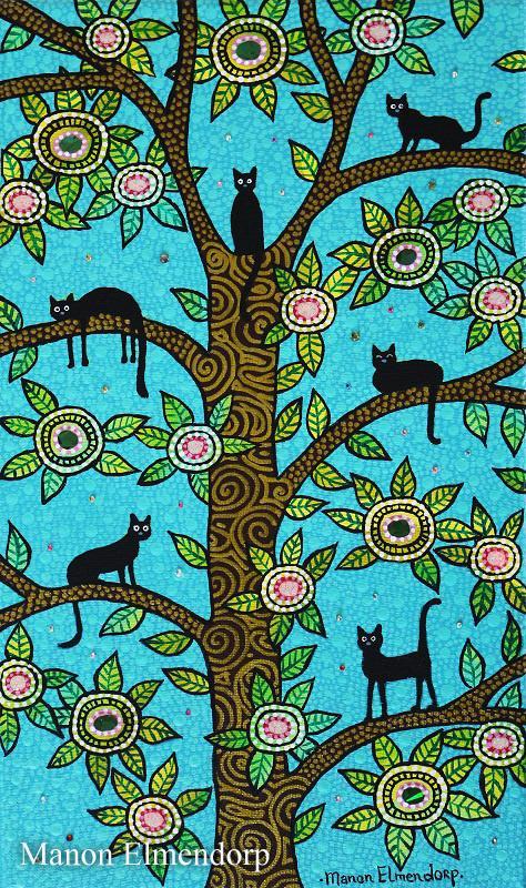 Uniek Handgeschilderd Schilderijtje Katten in Boom 30x18 cm, Antiek en Kunst, Kunst | Schilderijen | Modern, Ophalen of Verzenden