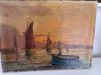 Olieverfschilderij Haven met Zeilboten Klassiek Gesigneerd, Ophalen of Verzenden