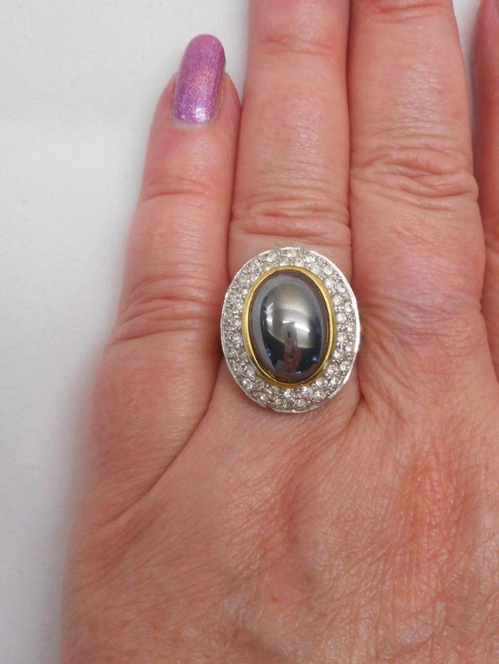Prachtige zilveren bicolor ring met hematiet nr.592, Sieraden, Tassen en Uiterlijk, Ringen, Zo goed als nieuw, Dame, 17 tot 18