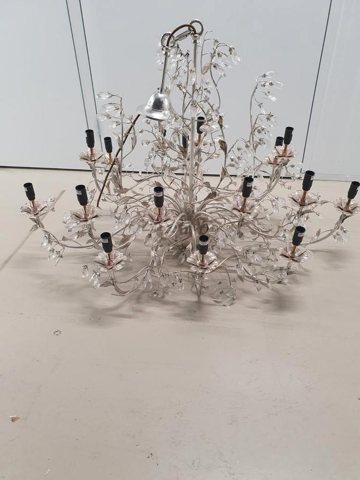 Nostalgische Kroonluchter met Kaars Hulzen, Huis en Inrichting, Lampen | Kroonluchters, Gebruikt, Glas, Metaal, Ophalen