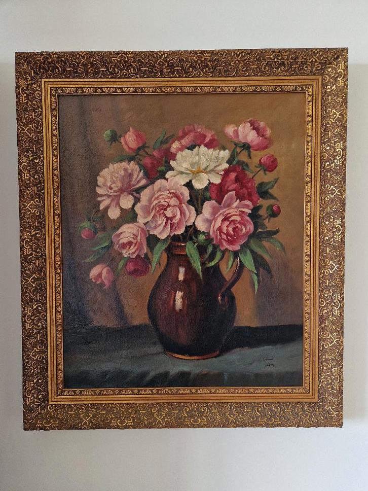 Schilderij Vaas met pioenrozen SCH50, Antiek en Kunst, Kunst | Schilderijen | Klassiek, Ophalen of Verzenden